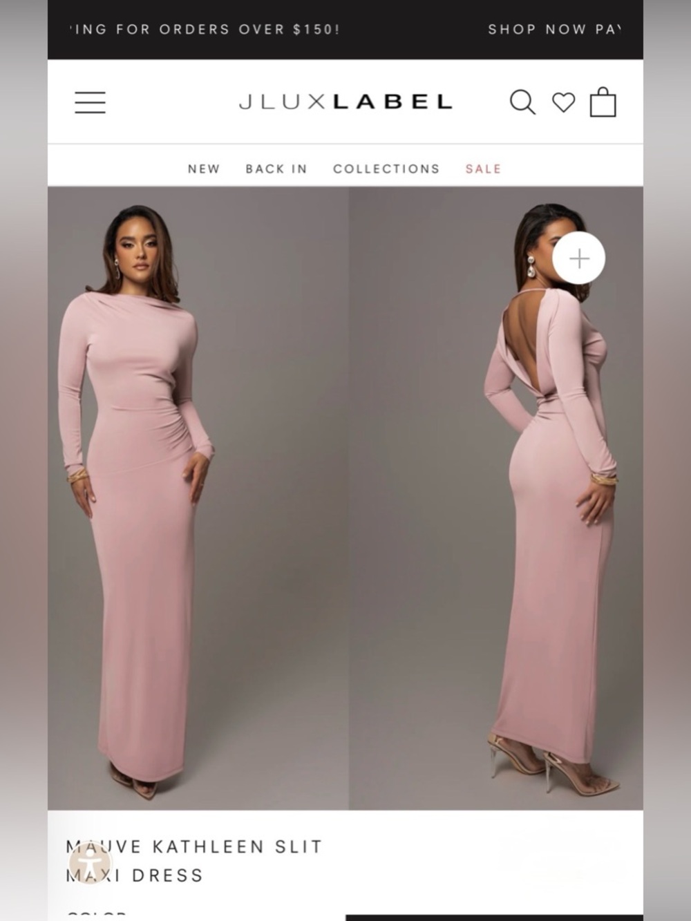 JLUXLABEL Blush-Mauve Fitted Long-Sleeve Maxi Dress with Open Back